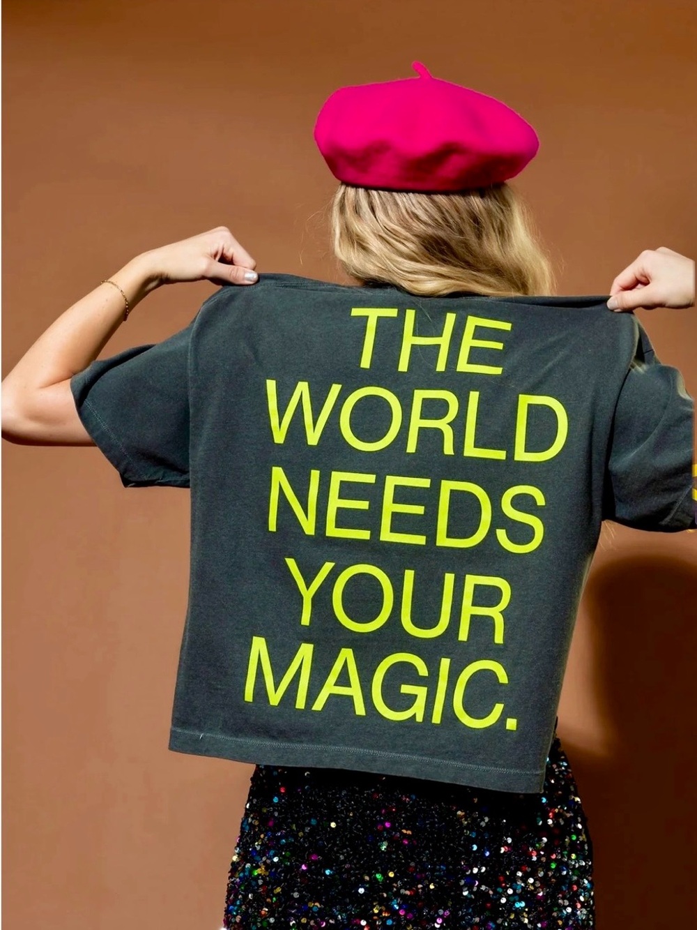 NWOT The World Needs Your Magic Crop Tee in Vintage Charcoal + Neon** - Picture 4 of 8